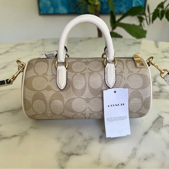 NWT COACH Lacey Barrel Crossbody Signature Canvas Gold Light Khaki Chalk CK689